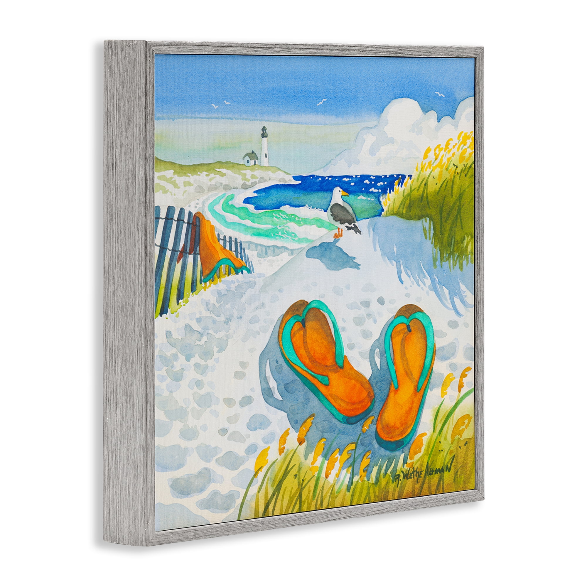 Stupell Industries Seagull & Flip Flops Gray Framed Giclee Art, design by Robin Altman