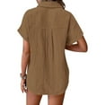 thumbnail image 4 of Yigetop Short Sleeve Button Down Women, Ladies' Casual Double Layer Wrinkled Short Sleeved Solid Color Cardigan Button Down Shirts for Women Brown 5XL, 4 of 8