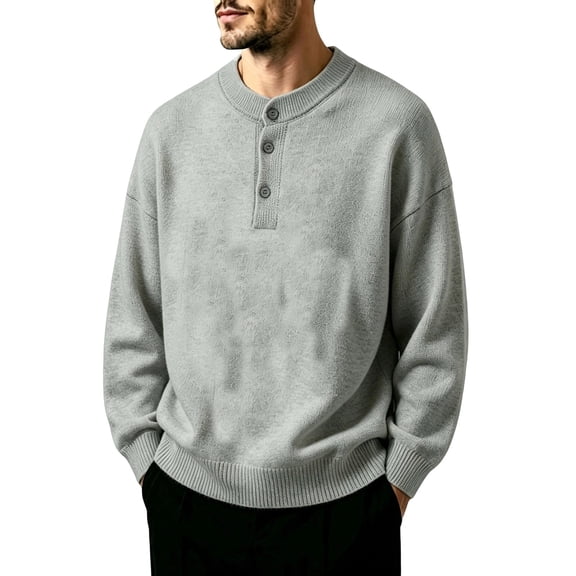 Turilly Men's Sweater Henley Neck Button Placket Pullover Sweater with Ribbed Cuffs Casual Essential Top