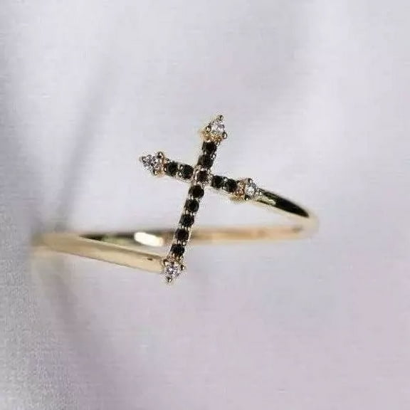 0.50Ct Round Cut Lab Created Black Diamond Charm Cross Ring 14k Yellow Gold Plated