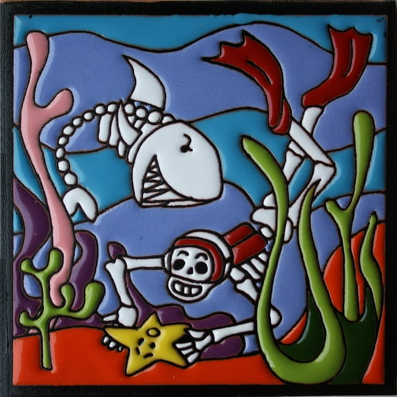 6x6 Skuba Diving. Day-Of-The-Dead Clay Tile