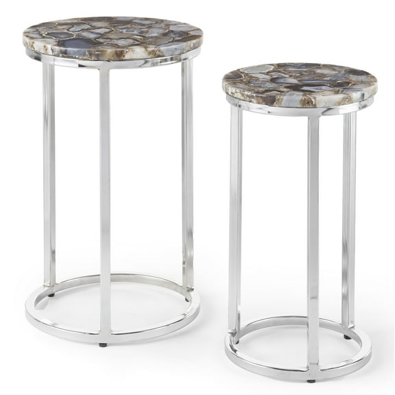 Steve Silver Onyx Contemporary 2-Piece Round Nesting Table with Agate Top, Nickel
