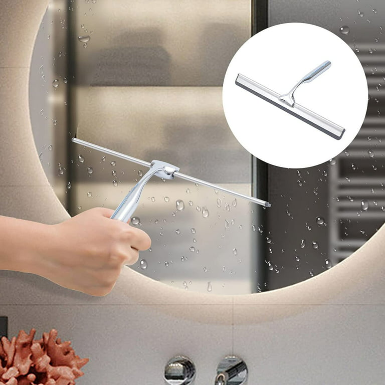Squeegee for Shower Glass Door with Holder, 10 Silicone Blade, Stainless Steel Chrome Handle, for Kitchen Window, Bathroom Mirror & Car Glass
