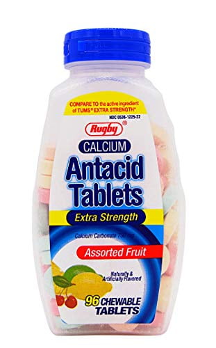 Rugby Calcium Carbonate 750mg Antacid Tablets Assorted Fruit - 96 Chewable Tablets
