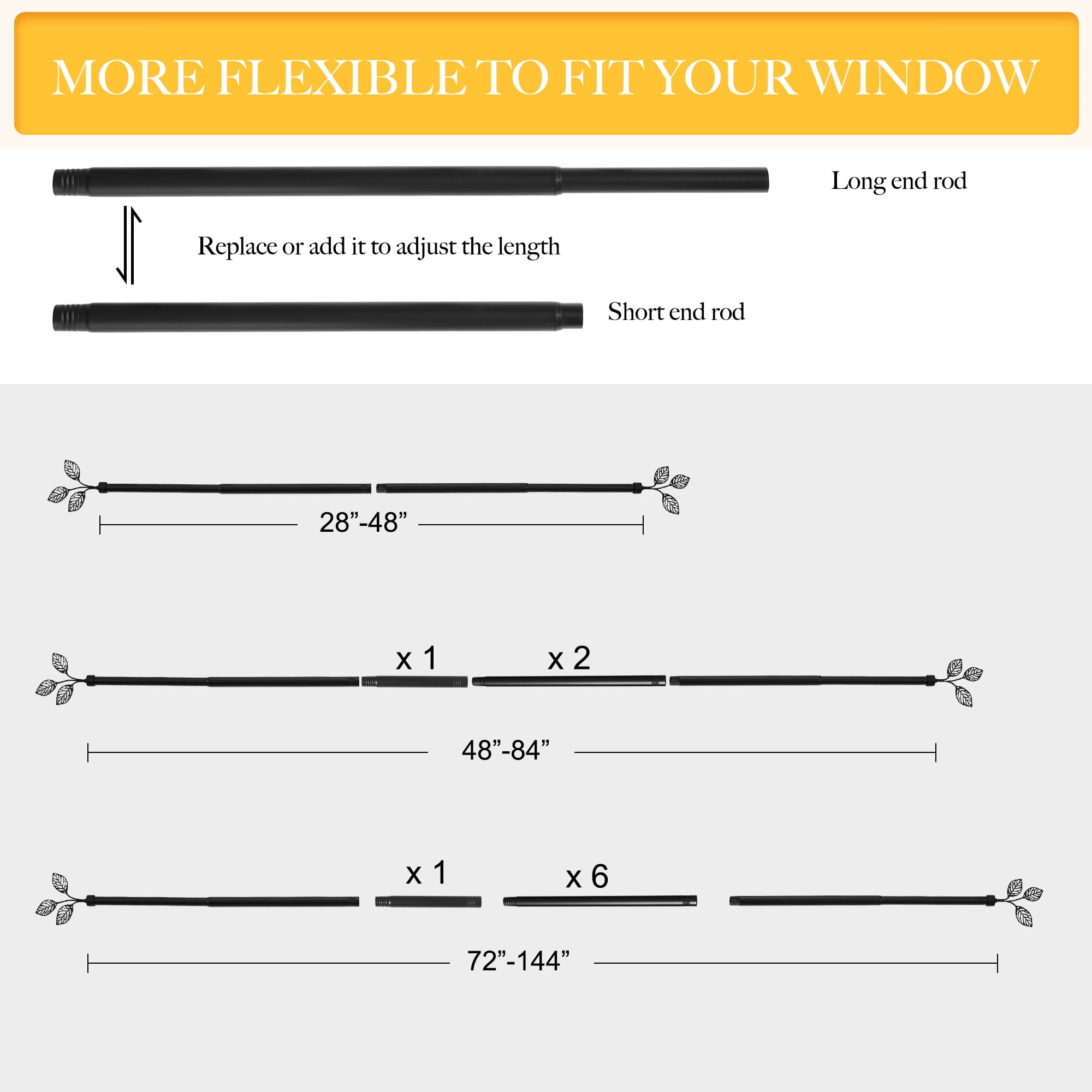 NICETOWN Black Curtain Rod for Windows, 1" Diameter with Leaf Finials, Adjustable Brackets Curtain Rod 72-144 inch for Bedroom Living Room, Matte Black, Set of 1