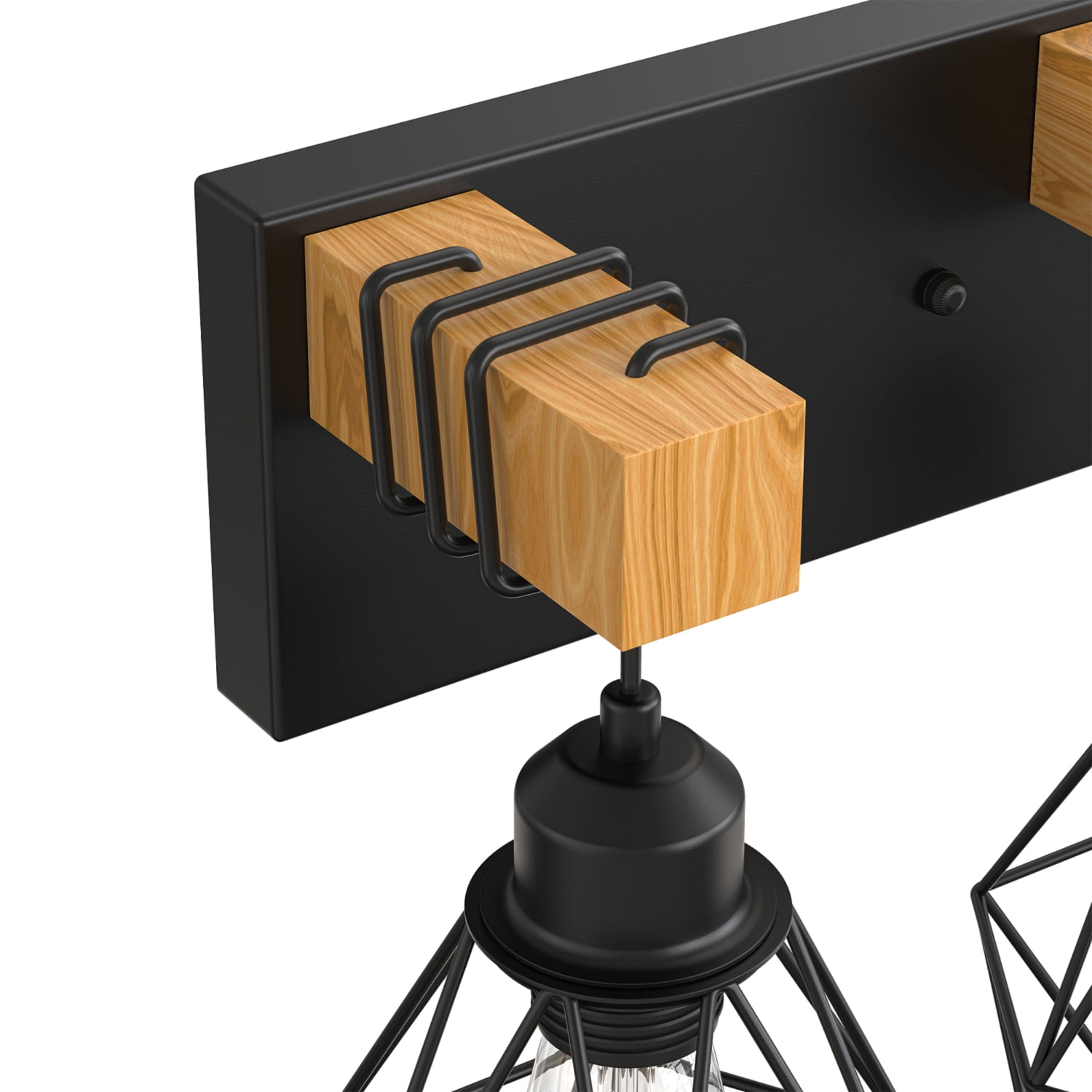 YANSUN 20.9 in 3-Light Industrial Cage Vanity Light, Black Metal and Wood Wall Sconce for Bathroom and Hallway(Bulbs Not Included)