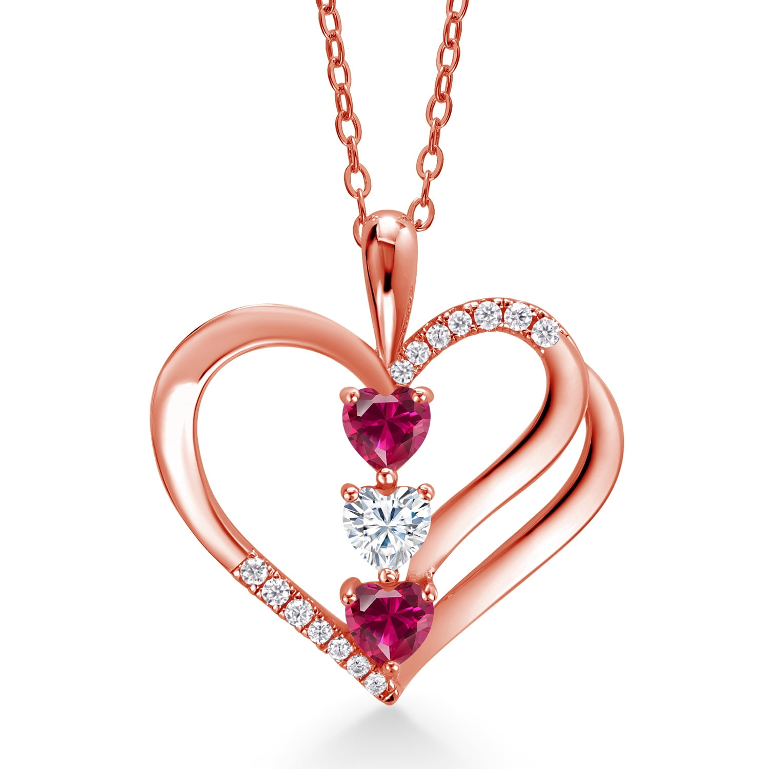 Gem Stone King 18K Rose Gold Plated Silver Red Created Ruby and White Moissanite 3-Stone Pendant Necklace for Women (0.93 Cttw, Gemstone July Birthstone, Heart Shape 4MM, with 18 inch Silver Chain)