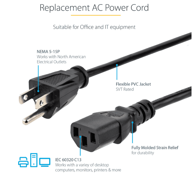 6ft (2m) Computer Power Cord, NEMA 5-15P to C13, 10A 125V, 18AWG, Black Replacement AC Power Cord, Printer Power Cord, PC Power Supply Cable, Monitor Power Cable - UL Listed (10-PACK)