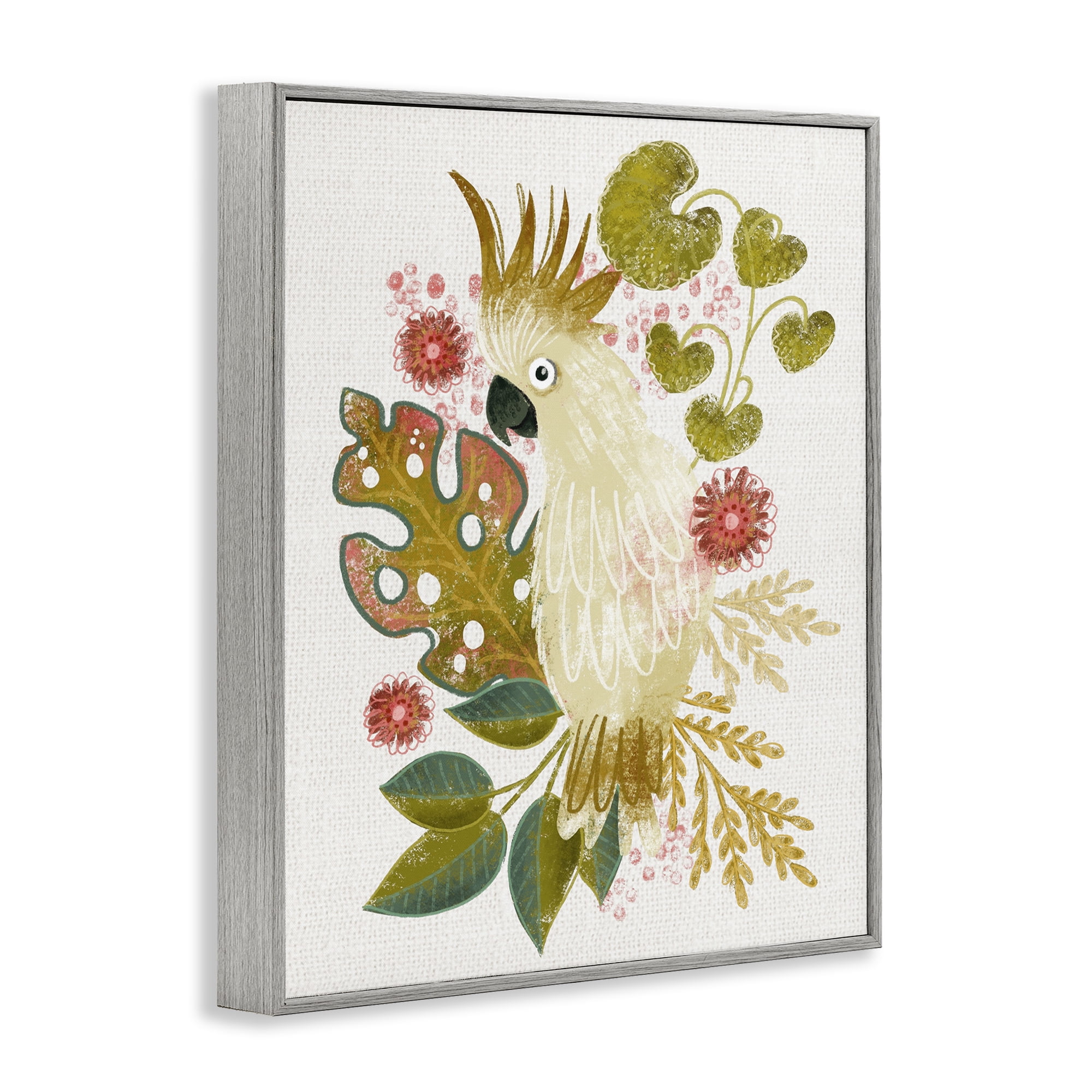 Stupell Industries Cockatoo & Tropical Leaves Animals & Insects Painting Gray Framed Art Print Wall Art, 16 x 20