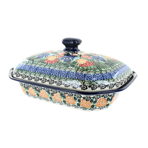 Blue Rose Polish Pottery Summer Blooms Medium Covered Baker