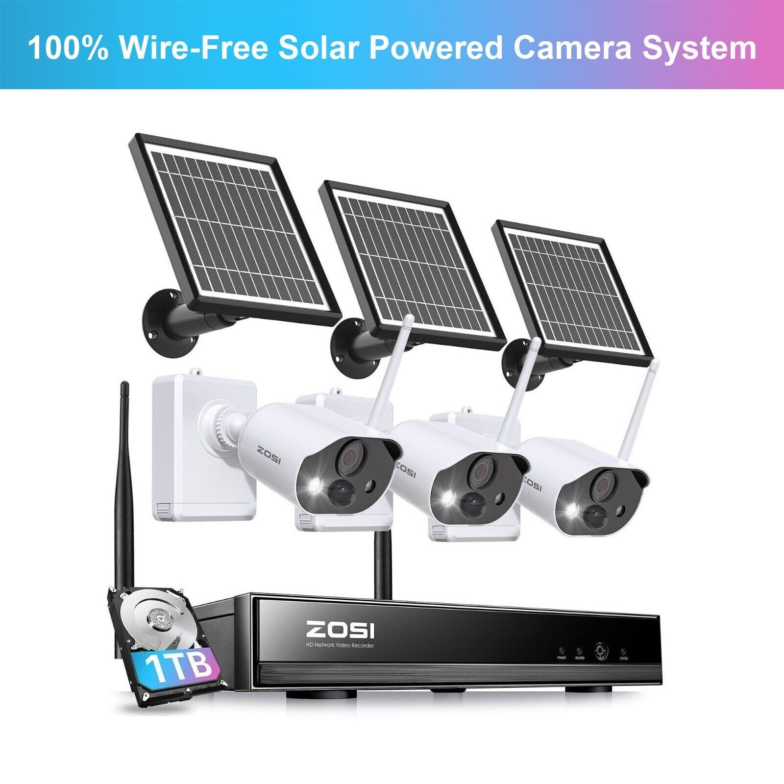 ZOSI 8CH 3MP Solar Battery Powered Wireless Security Camera System, 100