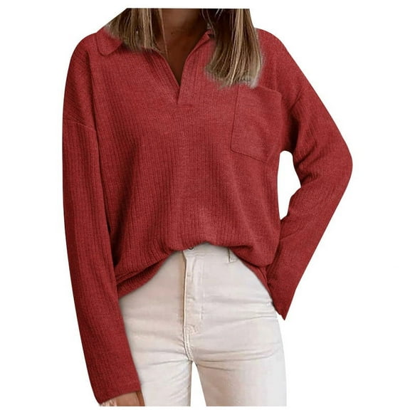 tarylea Tshirt for Women Turn down Collar Chest Button Sweater Long Sleeve Solid Color Shirts Casual Loose Tops