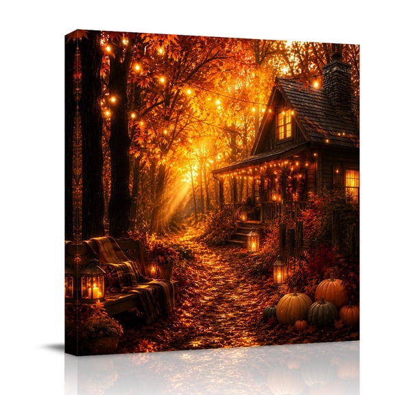 Canvas Wall Art, Autumn Forest House Fall Framed Canvas Prints for Bedroom Office, Maple Leaves Trees Pumpkins Large Gallery Wrapped Wall Decor for Home Office, Gifts, 16"x16" Ship Next Day
