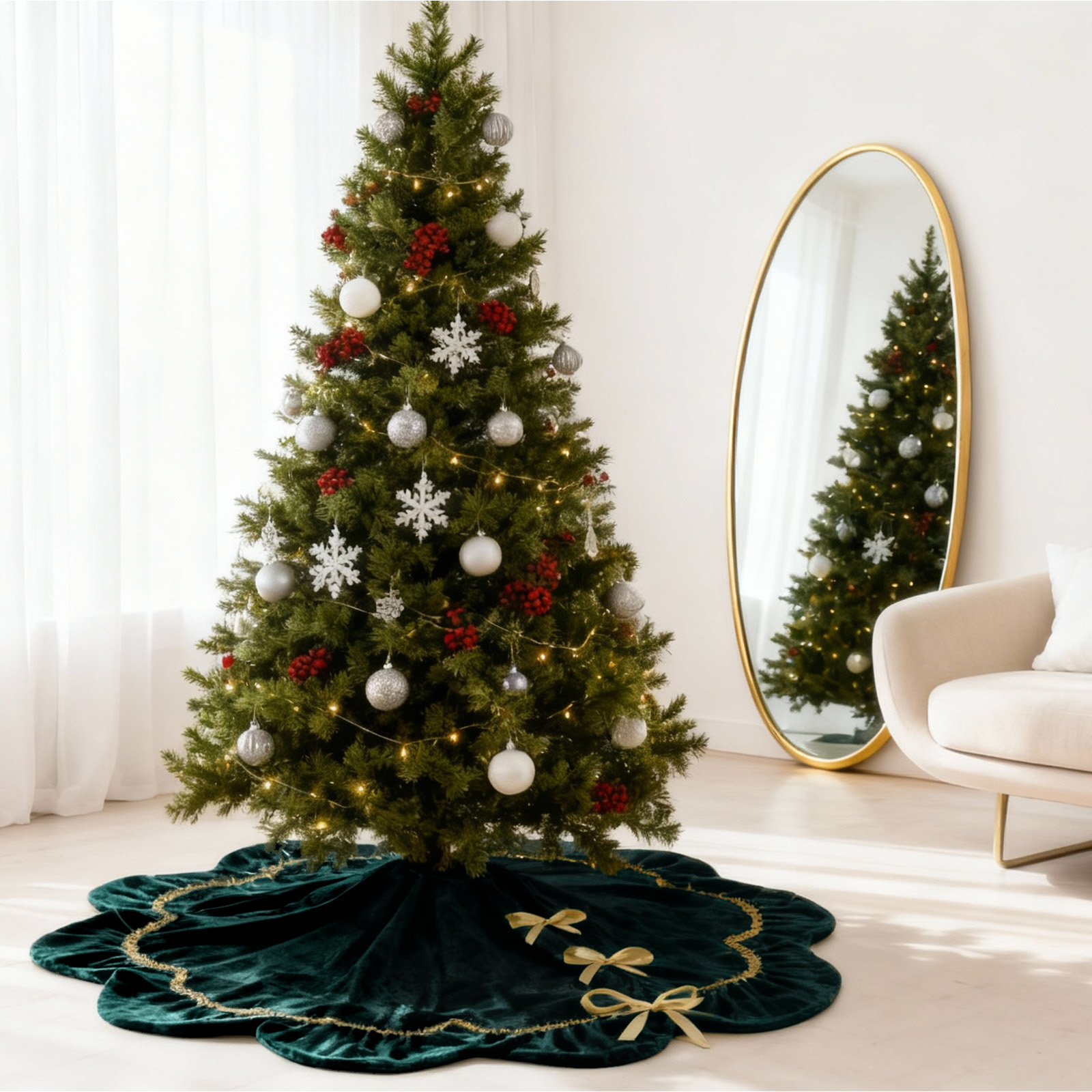 Inadays Luxury Velvet Christmas Tree Skirt, 30" Green photo 2