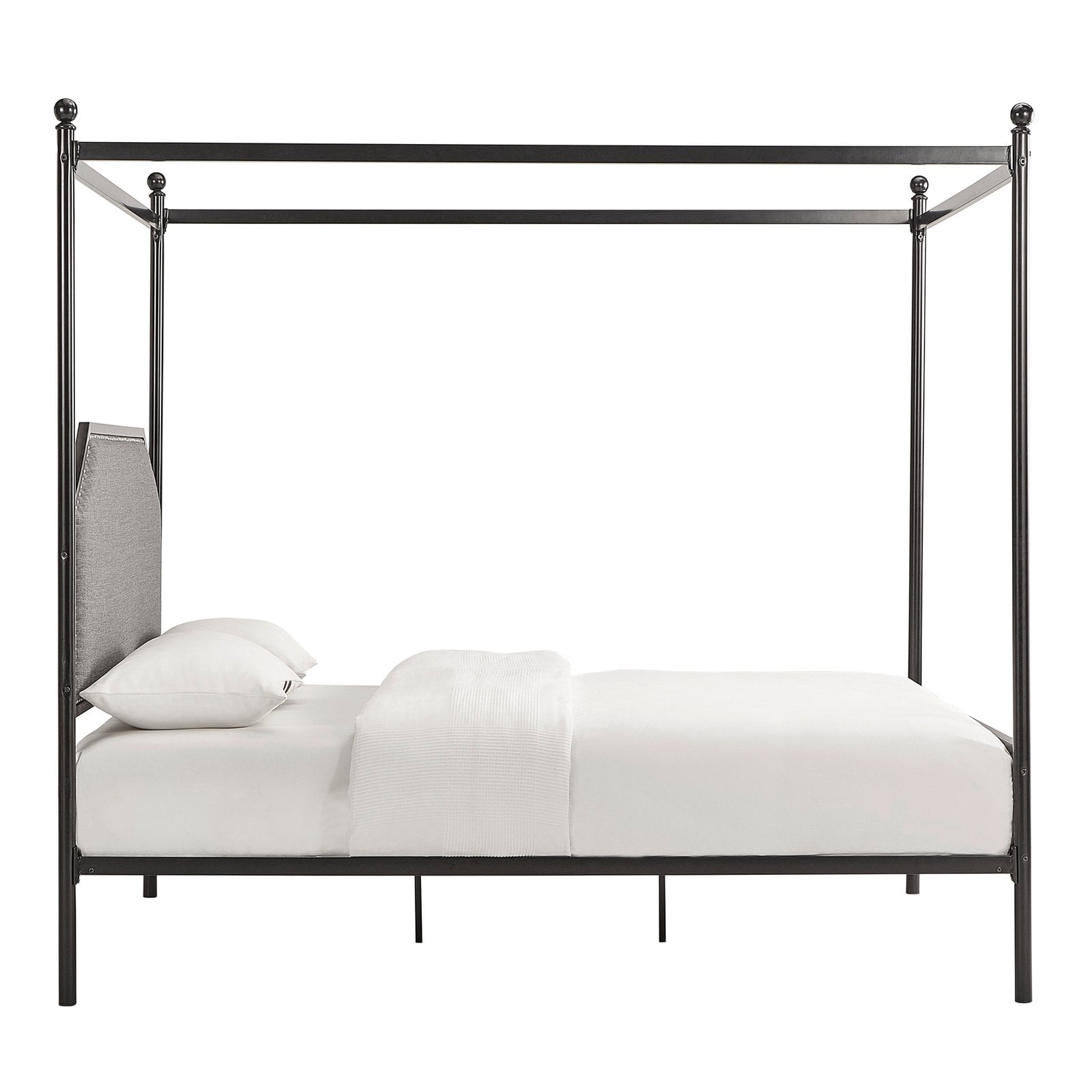 Weston Home Hazleton Black Metal Queen Canopy Bed with Grey Upholstered Headboard and Footboard