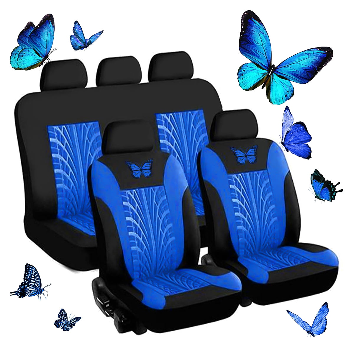 9PCS Universal Car Seat Covers Full Set Protector Cushion Front Rear 3D Butterfly Embroidery Pattern, Blue