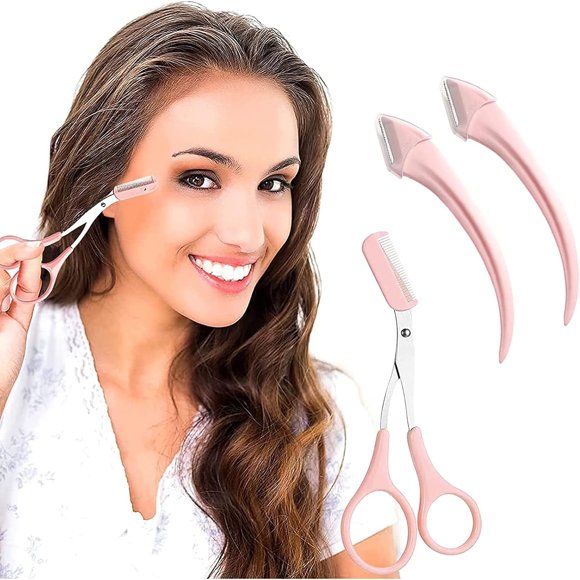 Pink Eyebrow Scissors Stainless Steel Eyebrow Razor Eyebrow Trimmer Scissors Tool Set,Eyebrow Trimmer Scissors With Comb for Beginner Eyebrow Scissors for Women Girls Stainless Steel Eyebrow Razor