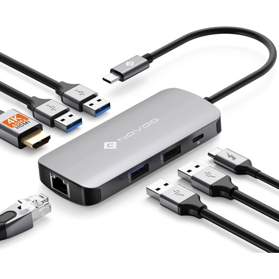 NOVOO 7-in-1 Type-C Hub, USB-C Dock with HDMI 4K@60, Ethernet, and 100W PD Multi-Port Adapter, Compatible with Dell/HP/Lenovo/Apple Laptops