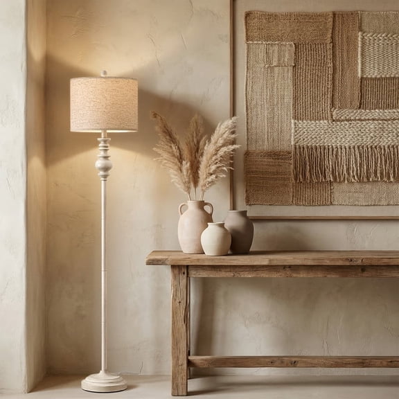 Oneach 64.25" Farmhouse Floor Lamp,White Bedside Lamp with Fabric Shade,Standing Lamp for Bedroom Living Room Office
