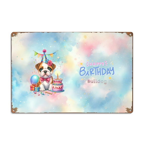 Happy Birthday Cute Puppy Bulldog with Cake Gifts Party Hat Horizontal Metal Aluminum Sign Dog Lover Gifts Idea Wall Art Home Decor - 00029