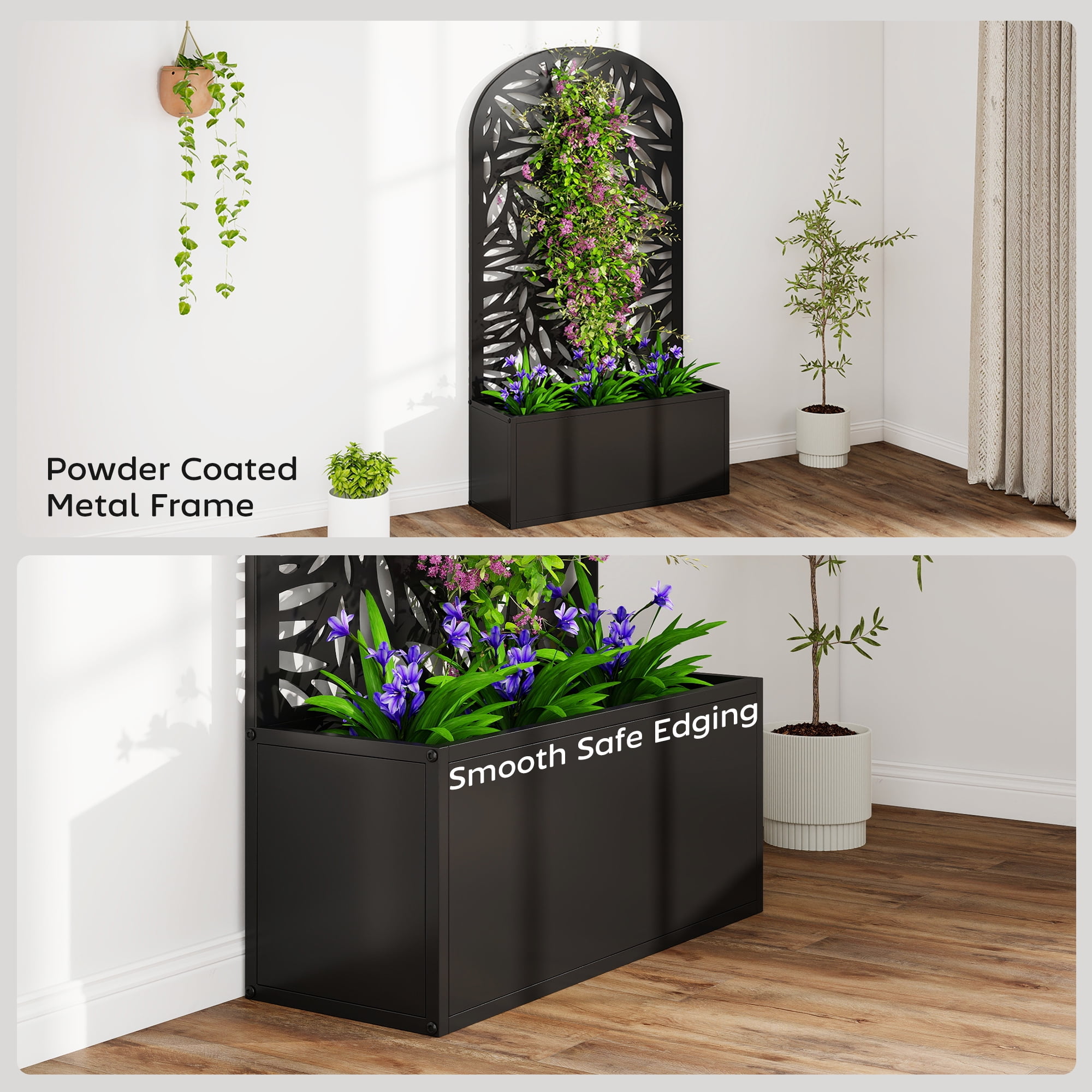 Outsunny Metal Raised Garden Bed with Trellis, Freestanding or Wall Mounted Raised Flower Bed with Curved Privacy Panel for Garden, Patio, Balcony