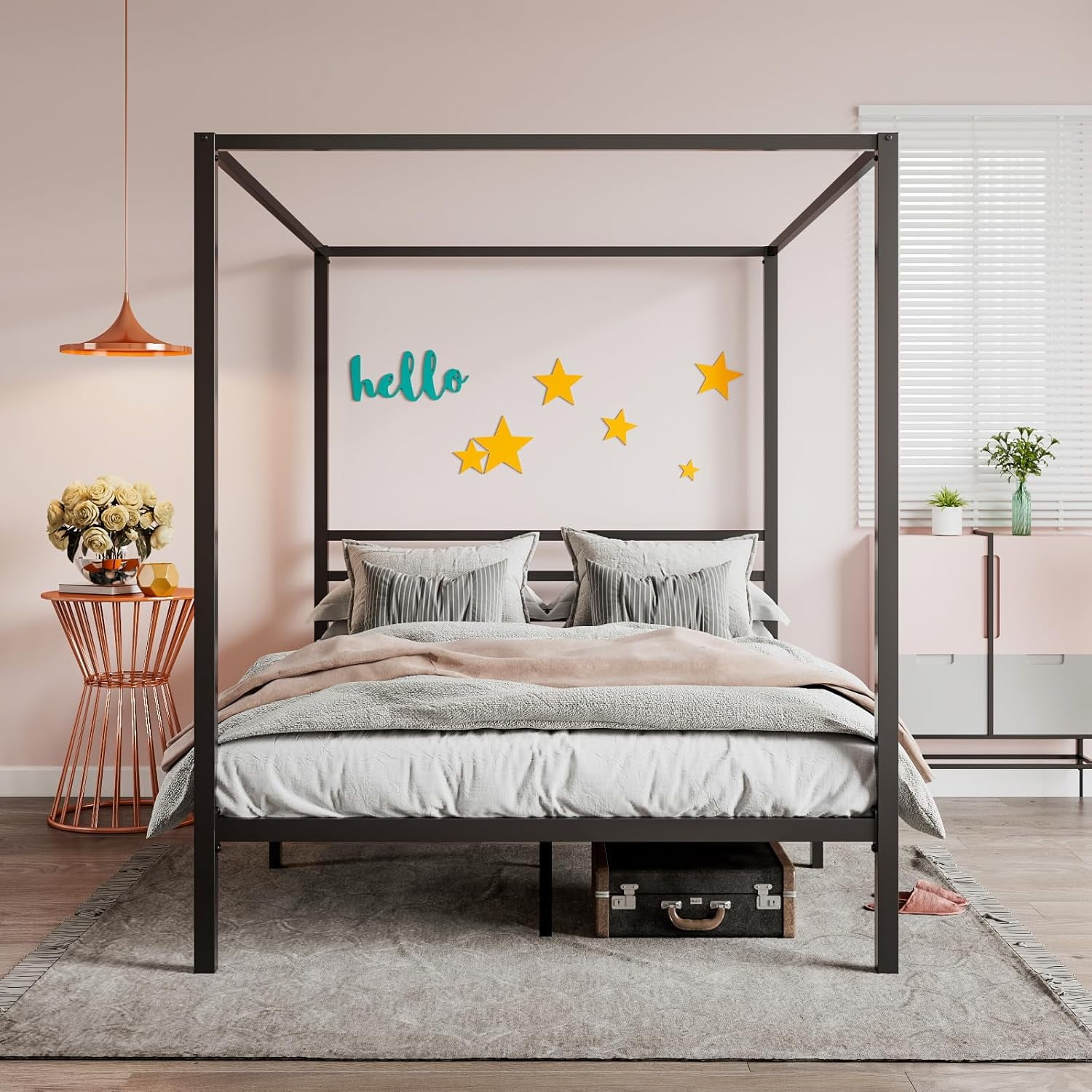 SHA CERLIN Queen Size Canopy Bed Frame with Metal Slats Support, Black