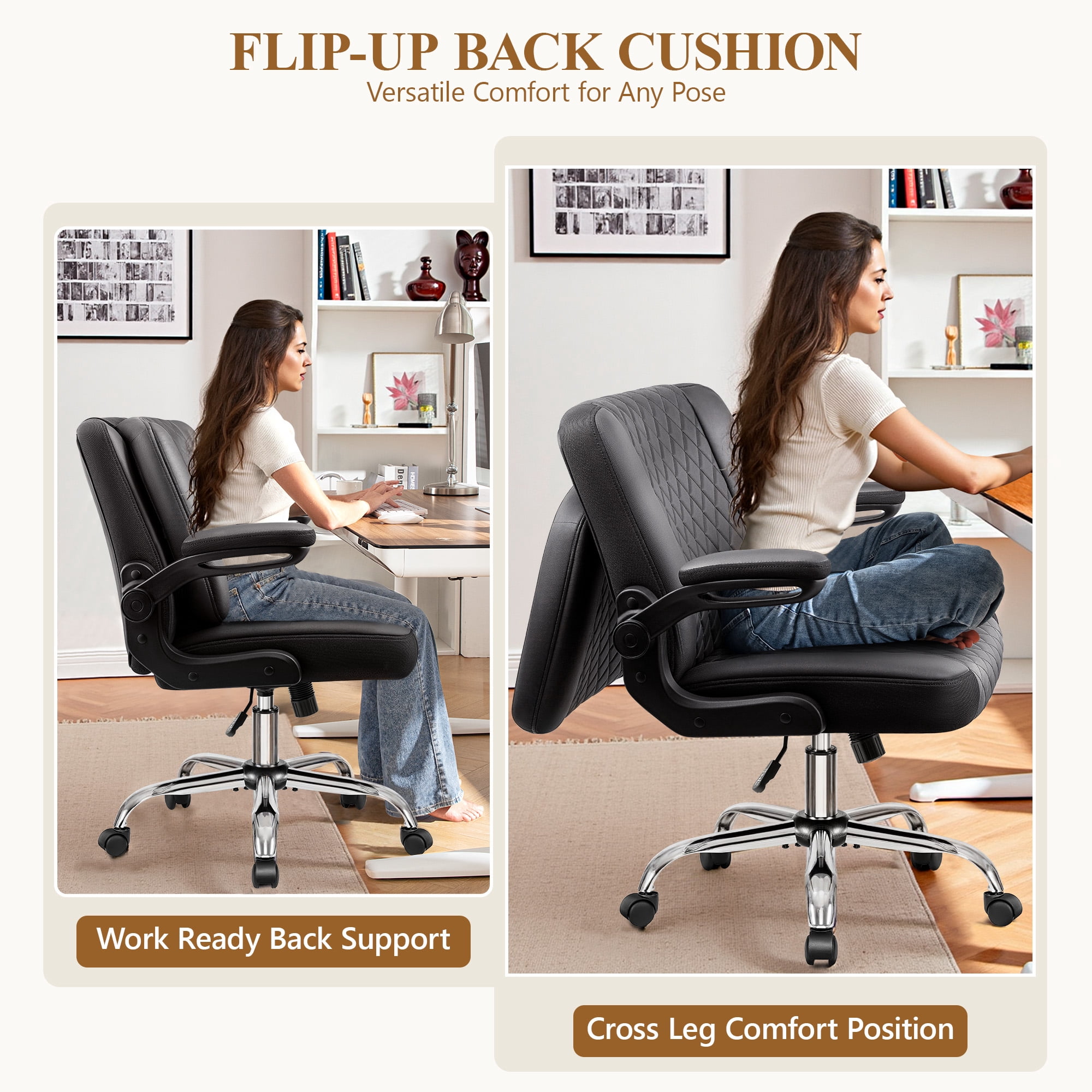 COOLHUT Criss Cross Chair with Flip-Up Arms and Wheels, Moveable Back Cushion Wide Seat Office Desk Chair, Height Adjustable Swivel Cross Legged Chair for Home Office, Study, Vanity, Black