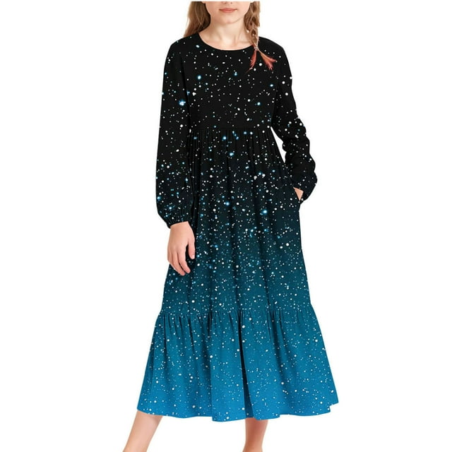 Yanlir Robe à Manches Longues à Col Rond pour Filles avec Poches Latérales, Imprimé Dégradé Mode, Robe Maxi Décontractée de Fête pour Enfants 4-15 Ans (Bleu, 6-7 Ans)