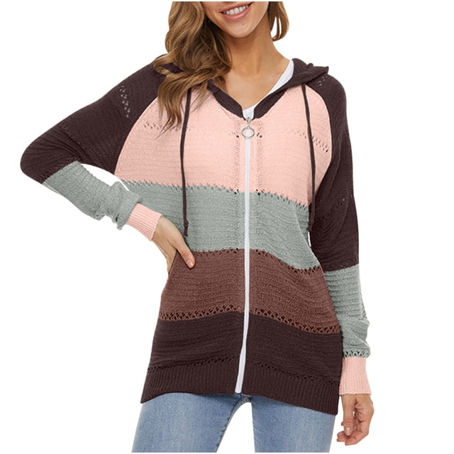 Yuyuzo Womens Sweater Jackets Zip up Hooded Long Sleeve Eyelet Hole Ribble Knit Solid Color Patchwork Cardigans