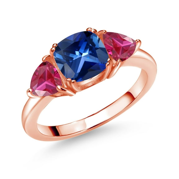 Gem Stone King 18K Rose Gold Plated Silver Blue Created Sapphire and Red Created Ruby 3 Stone Engagement Ring for Women (2.86 Cttw, Gemstone September Birthstone, Available in Size 5, 6, 7, 8, 9)