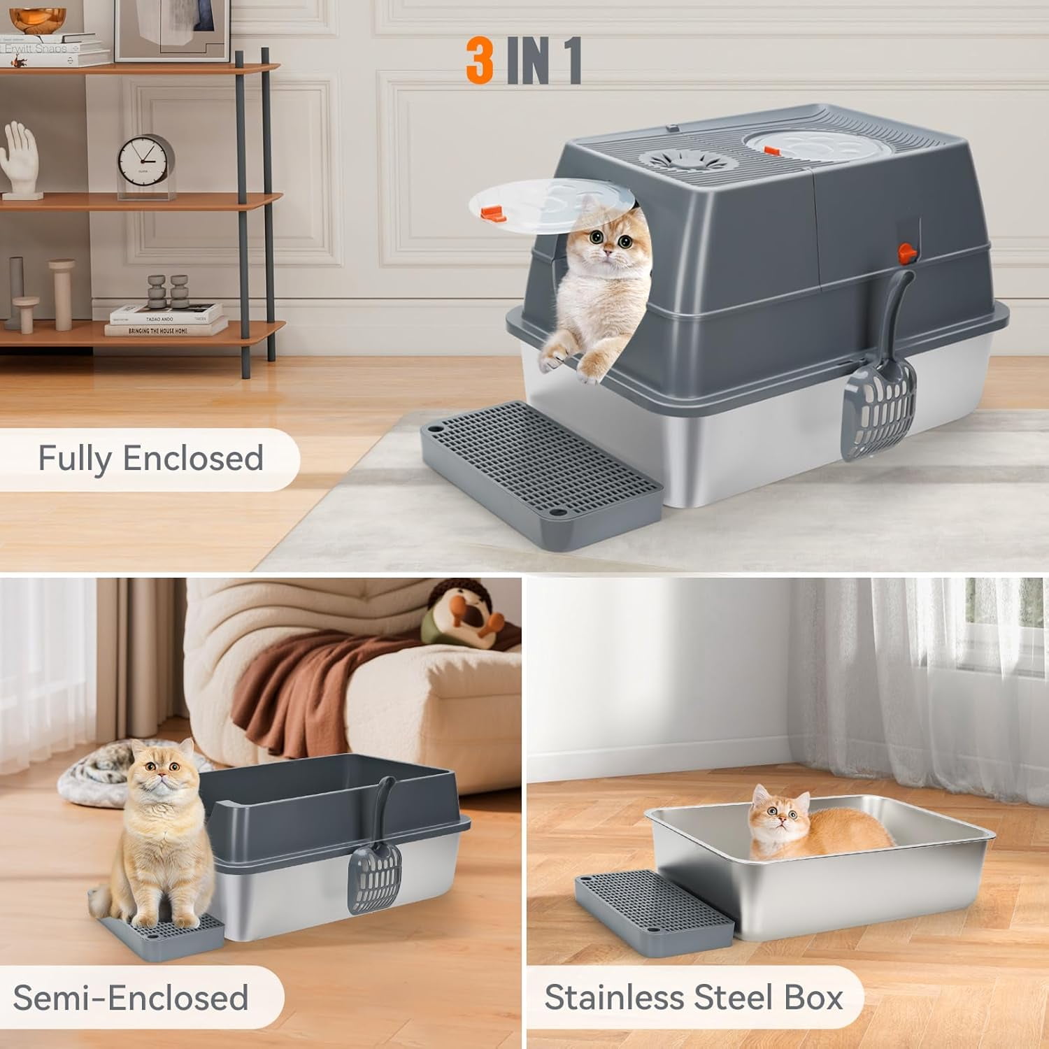 Stainless Steel Litter Box Enclosed, Stainless Steel Cat Litter Box with Flip-Top Lid, Front Entry Top Exit, Easy to Clean & Assemble - Dark Grey