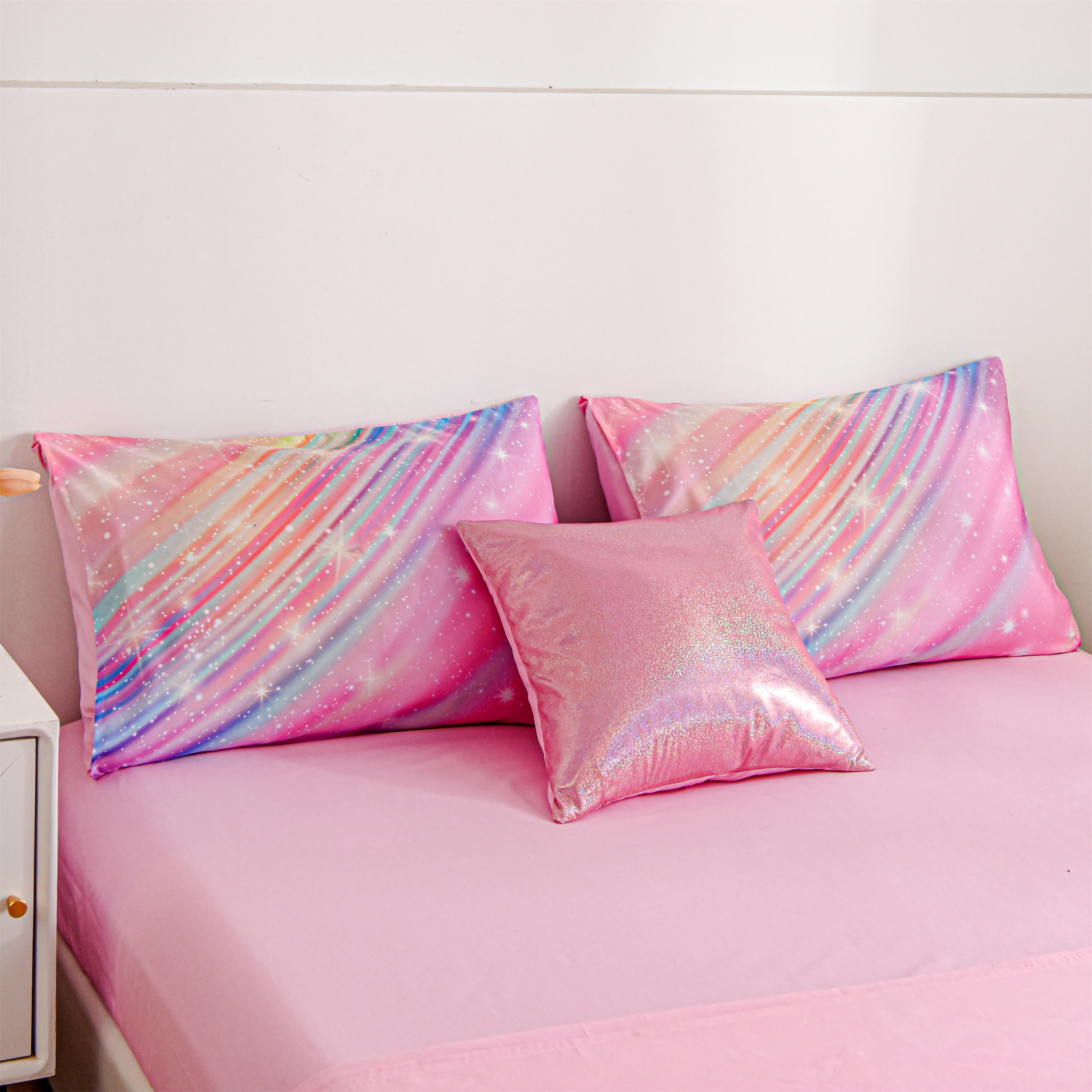 Btargot 6PCS Pink Galaxy Twin Comforter Set Rainbow Gradient Star Ring Bedding Set for Girls Kids
