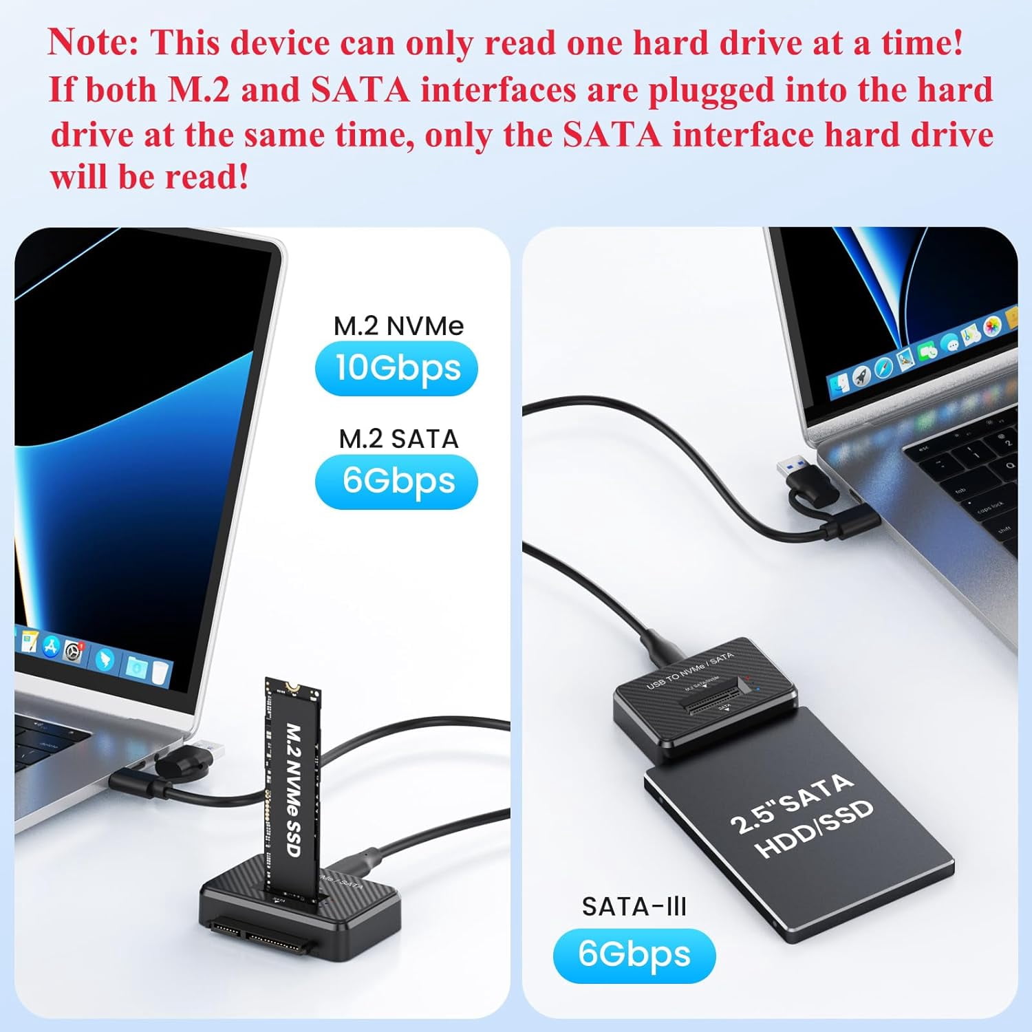 KSRplayer Dual-Bay M.2 NVMe/SATA & 2.5" SATA Enclosure Adapter,2-in-1 External Hard Drive Reader, USB 3.2 Gen 2 (10Gbps), Portable M.2 SSD to USB, Supports M Key & M+B Key