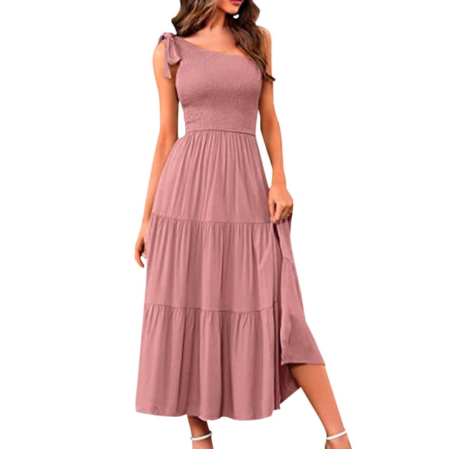 Prolriy Robes Printemps Été pour Femmes 2025 Robe Maxi d'Été pour Femmes Robe Longue Sans Manches à une Épaule Ourlet à Volants Robe Fluide Robes d'Été pour Femmes, Robes Roses pour Femmes