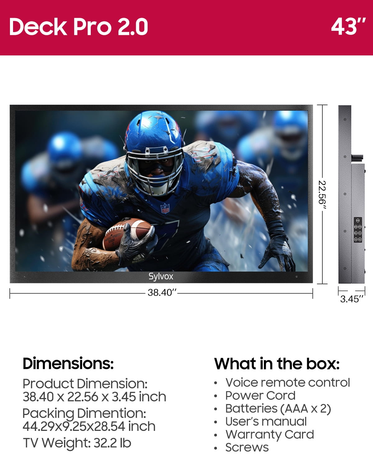 Sylvox 65" Outdoor Smart TV, 4K Uhd 1000nits with Dobly Atmos, Google TV with Voice remote, IP55 Waterproof,Google cast,Patial Sun,Deck Pro 2.0
