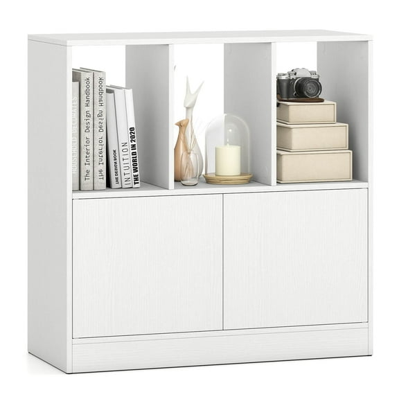 GETHFS Cube Bookcase with Doors, Open Compartments & Cabinet, Modern Storage Shelf Organizer for Home and Office, White