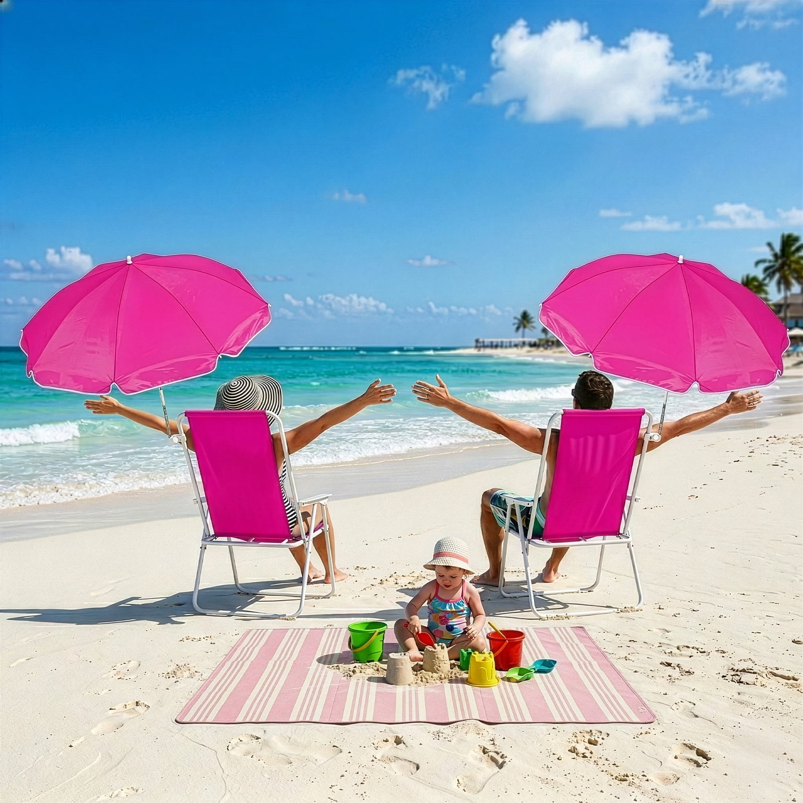 1 Pack Folding Beach Chair with Umbrella, XL Size, 15" Seat Height, Steel Spring Chair with Cross Bar, Oxford Cloth, 120kg Capacity, Barbie Pink