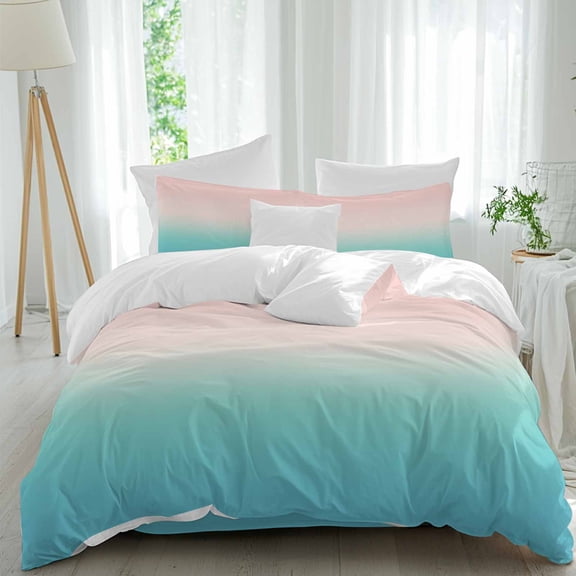 Queen 4 Piece Bedding Set Light Blue to Pink Gradient Soft Breathable Duvet Cover and Pillowcase,Watercolor Cyan Minimalist Style Duvet Cover Set Washable Bed Sheets for Bedroom Dormitory Guest Room