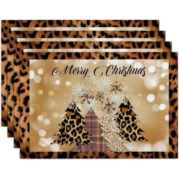 Xmas Trees Christmas Placemats for Dining Table, Leopard Cotton Linen Table Mats Set of 4, 12x18 Inch Seasonal Winter Christmas Holiday Kitchen Party Decor Home Decoration -12