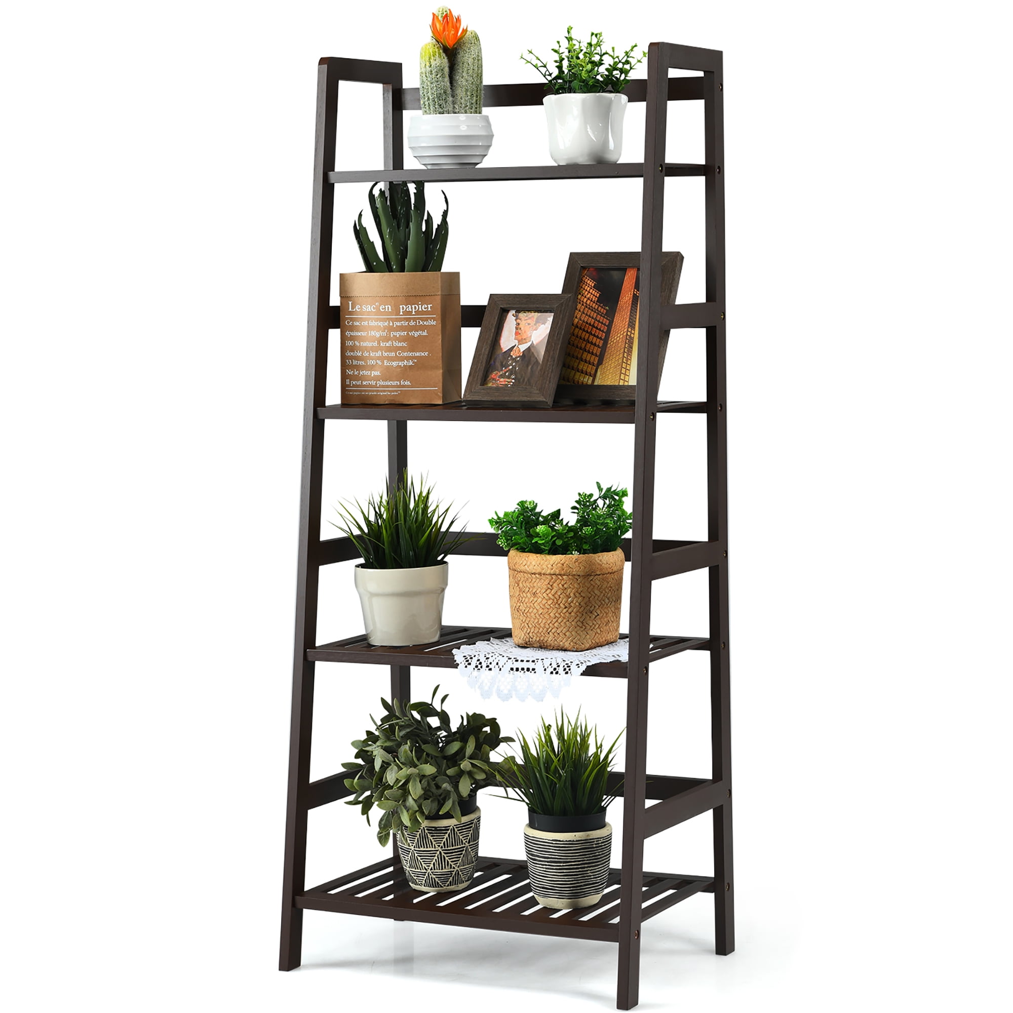 4 Tier Ladder Display Shelf Plant Flower Storage Rack Home Bookcase Stand 16.5 x 13.7 x 44.3 in,Brown Foldable Shelf