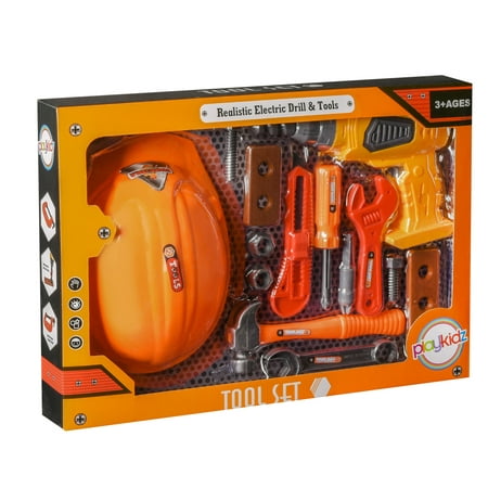 Playkidz Tool Set for Kids 14-Piece Boys & Girls Toy Playset with Construction Hard Hat, Working Electric Power Drill, Hammer, Screwdriver, Wrench & Other Realistic Accessories Recommended Ages 3+