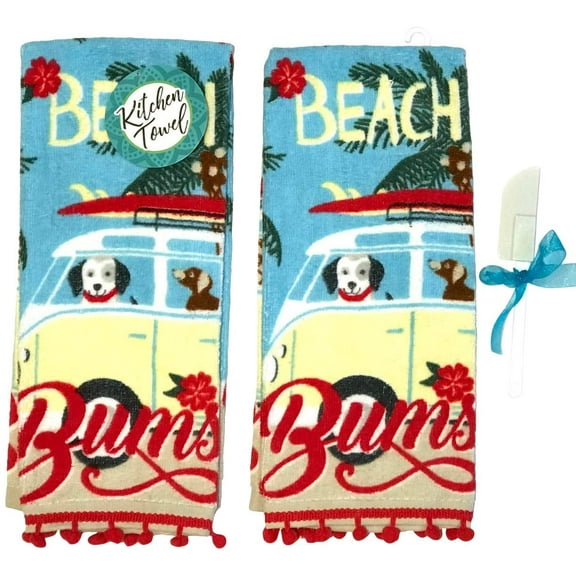 Serafina Home Seasonal Towel Sets: Fun Beach Bum Dog Vacation with Red Pom Pom Fringe (Beach Dogs)