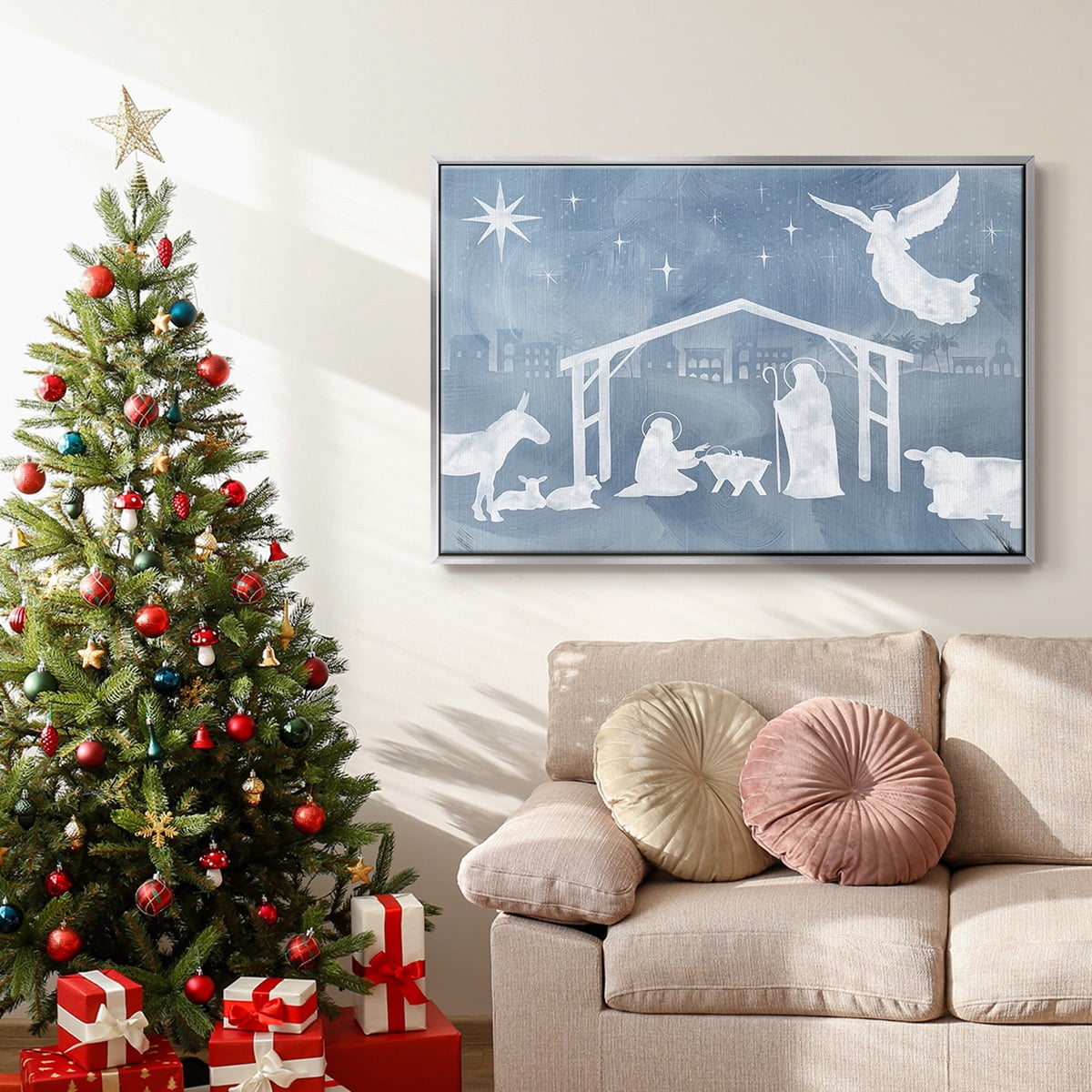 Star of Bethlehem Collection A - Framed Gallery Wrapped Holiday Canvas - 27 x 41 - Silver Frame