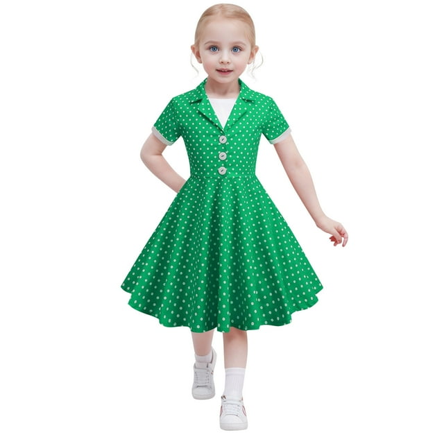 Icvfdpl Robe d'Été pour Filles Manches Courtes Vintage à Pois Style Années 50 Coton Vert 3-4 Ans