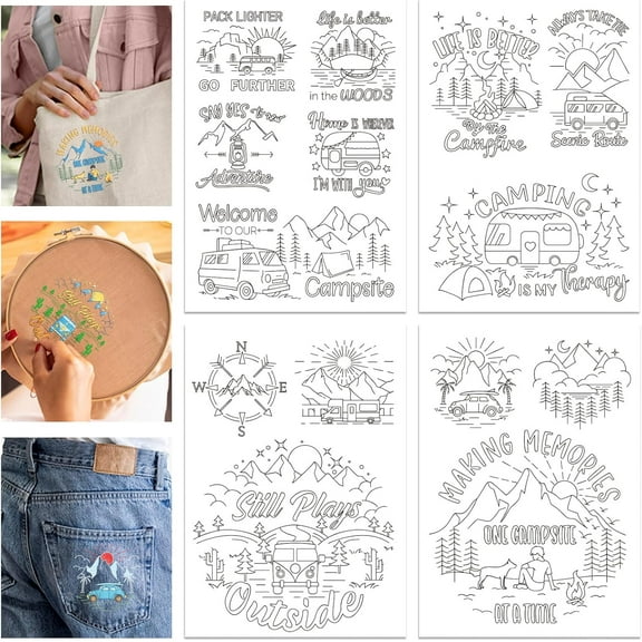 4 Sheets 11.7x8.3" Camping Water Soluble Embroidery Stabilizer Scenery Mountains Hand Sewing Stabilizers Self Adhesive Washable Embroidery Stabilizer