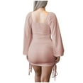 thumbnail image 4 of RYRJJ Women's Lantern Long Sleeve Bodycon Cocktail Dresses Square Neck Drawstring Ruched Evening Club Party Mini Dress(Beige,XL), 4 of 9