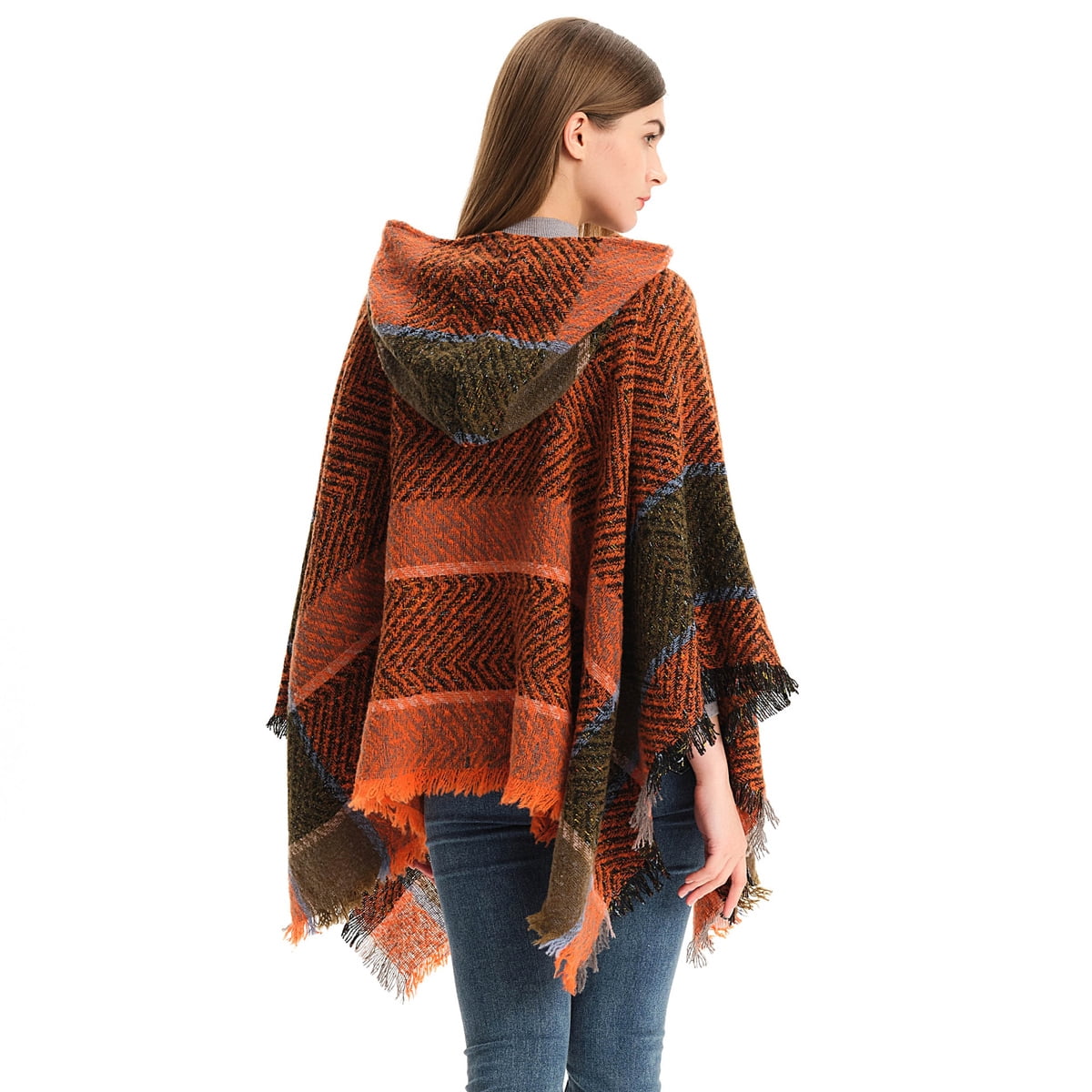 Women's Bohemian Aztec Print Blanket Poncho Hoodie Cape Shawl with Tassels