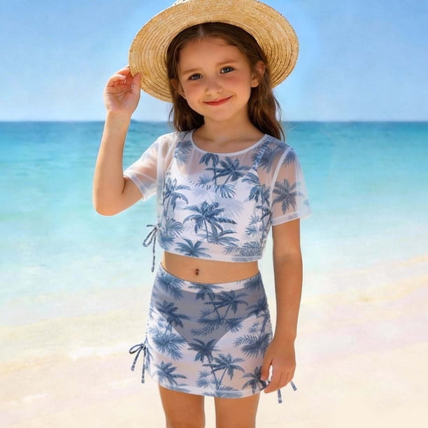 Odeerbi Conjunto de Trajes de Baño de 4 Piezas Para Niñas de 8-13 Años Conjunto de Bikini de Impresión de Arco de Verano + Cubierta de Manga Corta + Cubiertas de Sarong