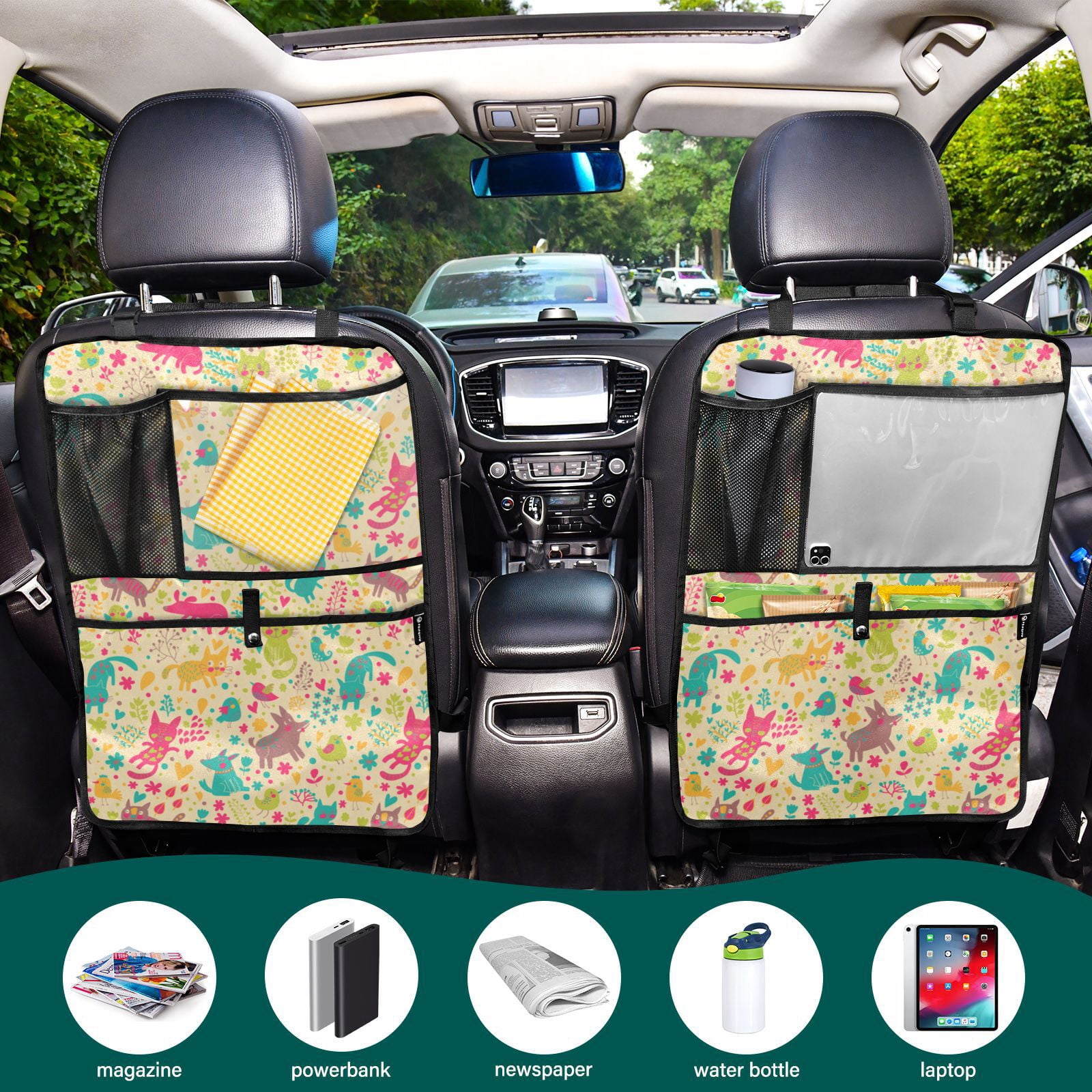 Cute animal floral pattern Back Seat Cover + Pocket Storage Organizer, 99 Pack Multifunctional Kick Mats Backseat Protector