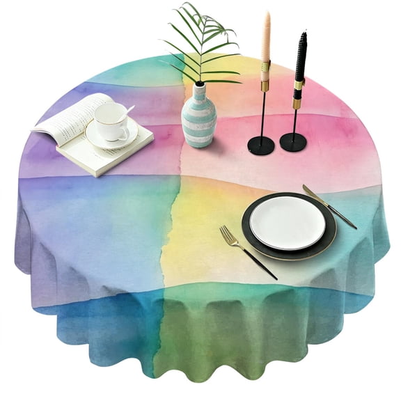 Colorful Watercolor Stripe Pattern Round Tablecloth 60"x60",Wrinkle Wipeable Table Cloth for Kitchen Dining Room Picnic Patio Party